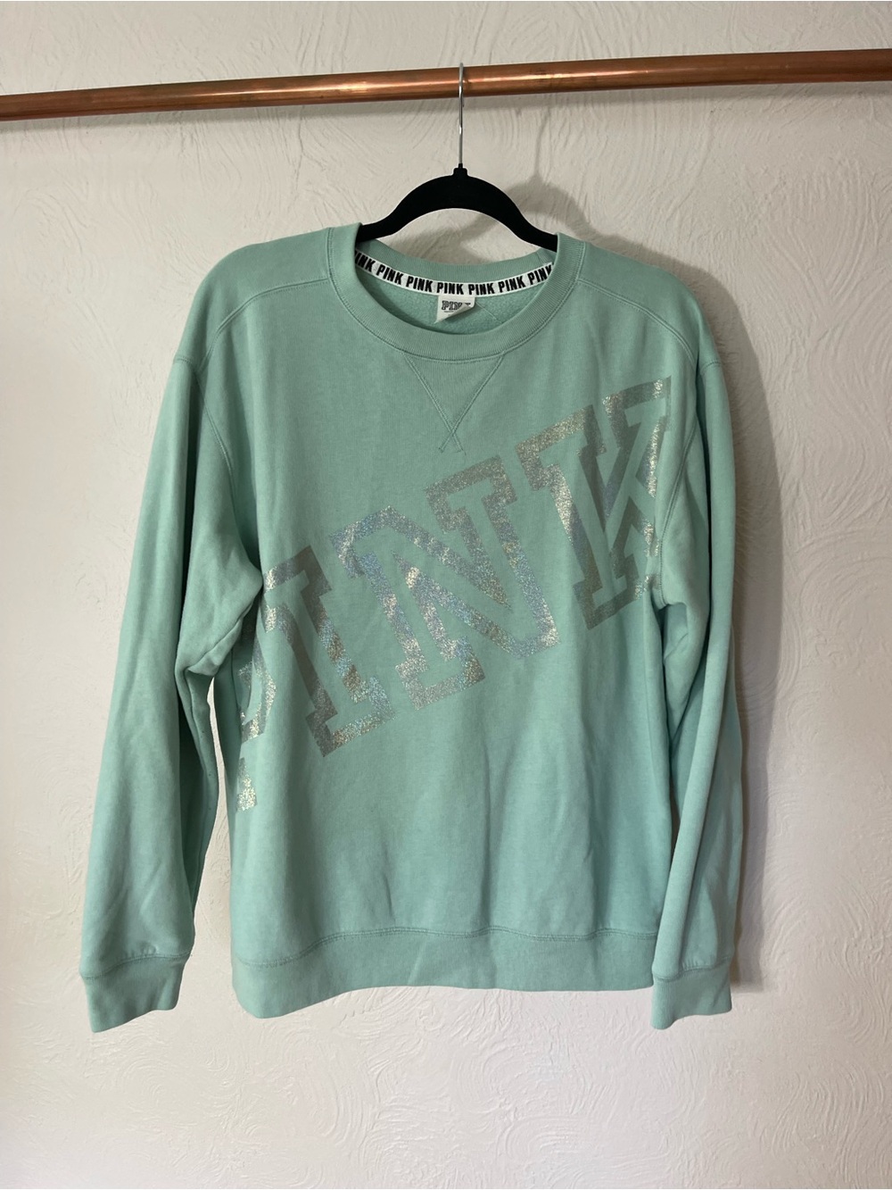 PINK Victoria's Secret Mint Green Crewneck with Silver Sparkle Logo